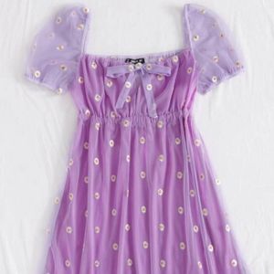 Mesh Overlay Dress with Embroidered Daisy Print.